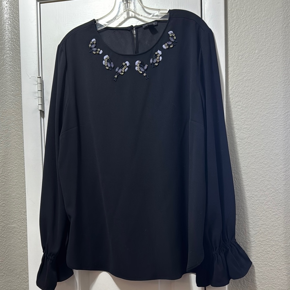 Ann Taylor Elegant Black Blouse with Embellished Neckline large